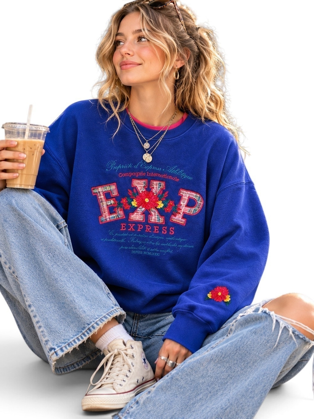 Vintage 90s Express Athletique Sweatshirt Floral Plaid Embroidered Made USA